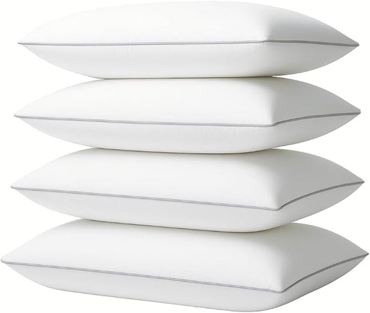 4 Pack Queen Size Bed Pillows for Sleeping – Soft & Supportive Down Alternative Pillows with Gray Piping, Easy to Wash, Hypoallergenic Sleeping Pillows for Side and Back Sleepers