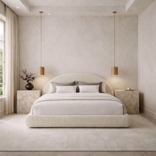 Round Bed – Washable Zip Cover - Upholstered Linen Soft Foam - Modular Minimalist Modern - Half Circle Moon - Sold Sold Separately (Cream Linen, Twin Base)