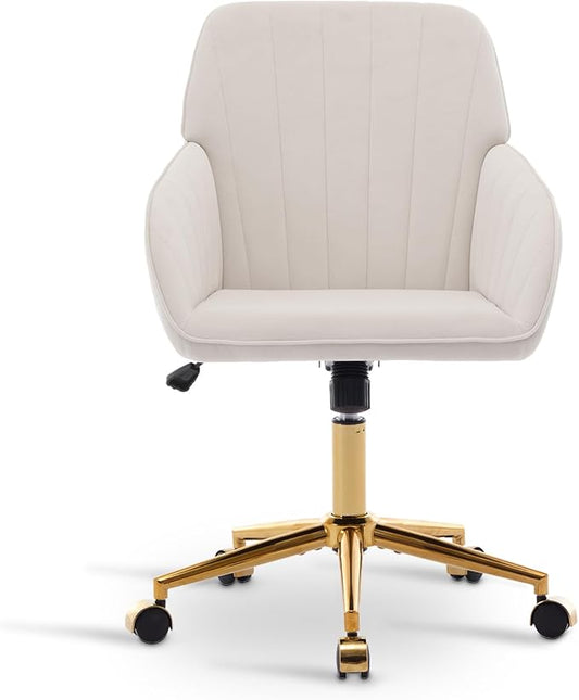 Velvet Vanity Chair with Wheels, Height Adjustable Swivel Makeup Chair, Armless Small Desk Chair for Bedroom/Office/Vanity Table, 250 lbs Capacity (Velvet, White-2)