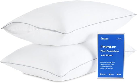 Precoco Premium Soft 100% Long-Staple Cotton Pillow Protectors With Zipper, Standard Size 20x26, Set of 2 White Cases, Hidden Zippered Cover for Gift