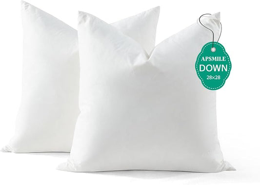 APSMILE Euro Pillow Inserts, Down Feather Throw Pillows 28x28 Set of 2 with Organic Cotton Cover, Soft Square Decorative Pillows for Couch Living Room,Sofa,and Bed（White）