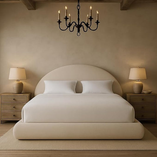 Round Bed – Washable Zip Cover - Upholstered Linen Soft Foam - Modular Minimalist Modern - Half Circle Moon - Sold Sold Separately (Cream Linen Premium, Twin Base)
