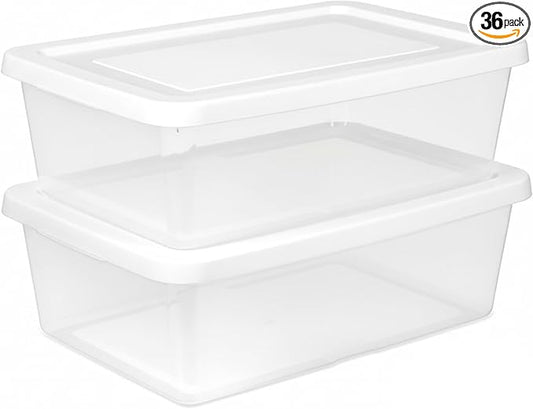 Sterilite 36 Pack Storage Box, 12 Quart Stackable Tote, Clear Plastic Container with Secure Snapping Lids for Home and Office Organization, White