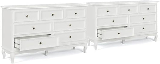 May in Color White 7 Drawer Dresser Set of 2 for Bedroom, Modern Chest of Drawers with Painted Finish, Wooden Storage Closet Cabinet Organizer for Living Room, Nursery, Hallway