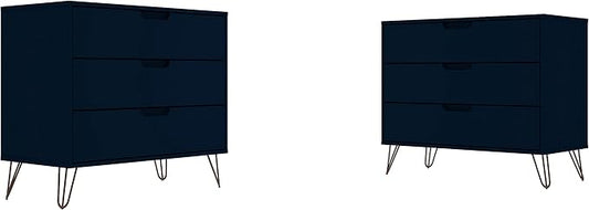 Manhattan Comfort Rockefeller 3-Drawer Dresser Set of 2, Entryway Wood Storage Cabinet, 32 Inch TV Stand Console Table, Anti Tip Kit Included for Bedroom, Nursery, Dorm, Living Room in Midnight Blue