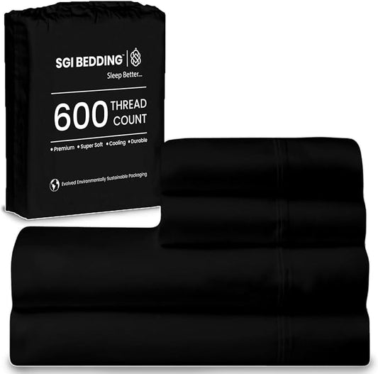 SGI bedding 100% Egyptian Cotton Sheets King Size – 600 Thread Count Sheets Set, Soft, Cooling, 15" Deep Pocket, Luxury Hotel Bedding, Breathable, Durable - Black