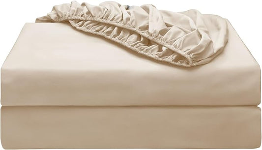 2-Pack Pure Cotton Bottom Sheet King Size, 600 Thread Count 16" Deep Pocket Egyptian Cotton Fitted Sheet (2-Pack, King, Beige)