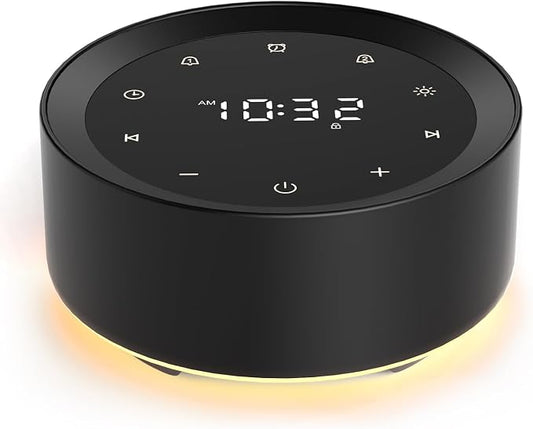 White Noise Machine with Alarm Clock & Night Light for Babies and Adults, 20 Soothing Sounds, Glare-Free Upward Display, Touch Control, Memory Function, 5 Sleep Timers, Black