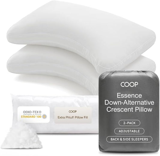 Coop Home Goods Essence Crescent Down Alternative Pillow Set of 2, King Size, Adjustable, Plush & Breathable Pillow, Luxury Hotel Pillow for Side and Back Sleepers, Oeko-TEX Standard 100