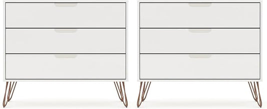 Manhattan Comfort Rockefeller 3-Drawer Dresser Set of 2, Entryway Wood Storage Cabinet, 32 Inch TV Stand Console Table, Anti Tip Kit Included for Bedroom, Nursery, Dorm, Living Room in White