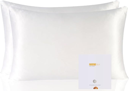 ZIMASILK 100% Pure Mulberry Silk Pillowcase 2 Pack, Soft and Smooth,Both Sides Premium Grade 6A Silk,600 Thread Count,with Hidden Zipper for Men and Women Family (Standard 20"x26", White)