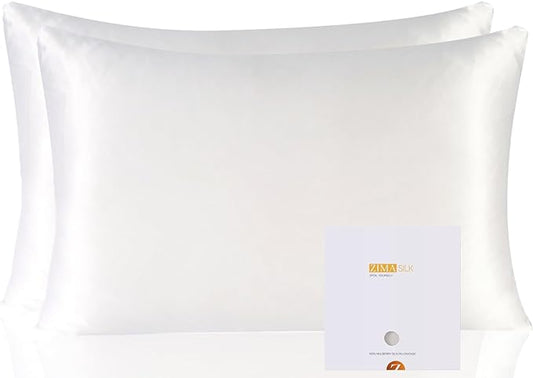 ZIMASILK 100% Pure Mulberry Silk Pillowcase 2 Pack, Soft and Smooth,Both Sides Premium Grade 6A Silk,600 Thread Count,with Hidden Zipper (Queen 20''x30'',White)