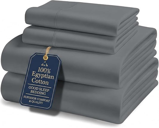 Good Sleep Bedding Twin XL Sheets College Dorm - 100% Egyptian Cotton Twin XL Sheet Sets, 4Pc, Twin XL Bed Sheets, Luxury Sateen Weave Sheets, 16" Deep Pocket - Dark Grey Sheets