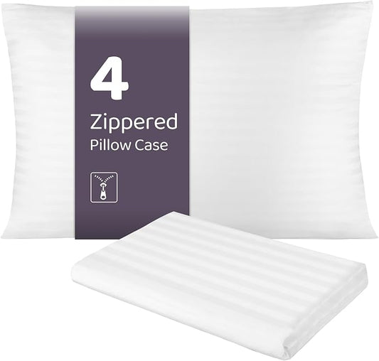 100% Cotton Pillow Case Protector with Zipper, Standard Size (20x26), 4 Pack, Long-Staple Sateen Soft Comfortable, Hotel Grade Bed Pillow Covers White, Oeko-TEX Certified