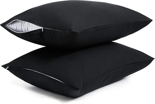 Cotton Pillow Protectors/Cases Queen Size with Zipper 2 Pack Black Color,Cooling & Breathable Bed Pillow Protectors Set of 2 Pillow Cases Cover (Queen Size 20" x 30")