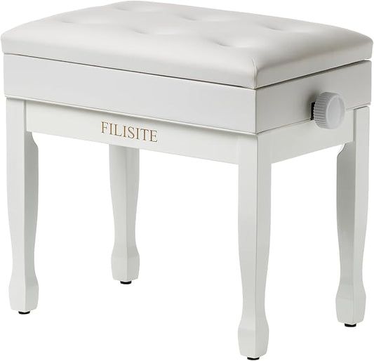 Adjustable Height Piano Bench Stool PU Leather Cushion Wooden Keyboard Seat with Music Storage (White)