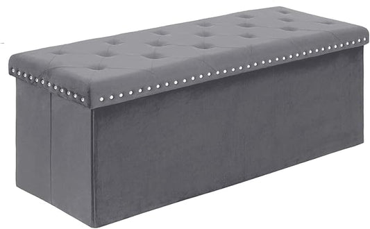 PINPLUS Storage Ottoman Bench with Benches Foot Rest Stool, Large Long Folding Velvet Shoes Chest for Bedroom, Living Room,（Grey） 43.3"x15.7"x15.7"