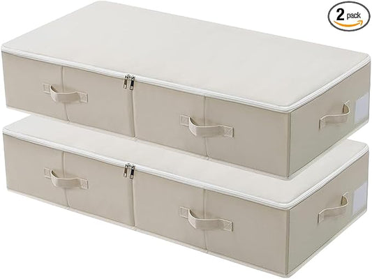 Under Bed Storage Bins with Lids, Closet Organizers, Foldable Under-bed Storage Baskets for Sheets, Clothes, Quilts, Sweaters, Wrapping Paper, 35x16.5x7inch, Beige, 2PCS