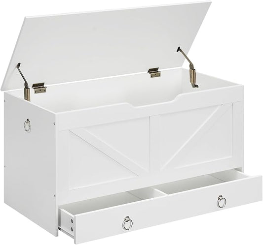 HOOBRO Storage Chest, 39.3" Toy Chest with Drawer, Wooden Storage Bench, Sturdy Entryway Bench Supports 220 lb, Shoe Bench, Safety Hinge, U-Shaped Opening, Easy Assembly, White WT710CW01G1
