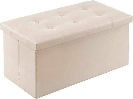 YOUDENOVA Folding Storage Ottoman, Faux Leather Ottoman Bench Footrest Ottoman, Storage Chest Padded Seat for Bedroom and Living Room, Beige,15" D x 30" W x 15" H