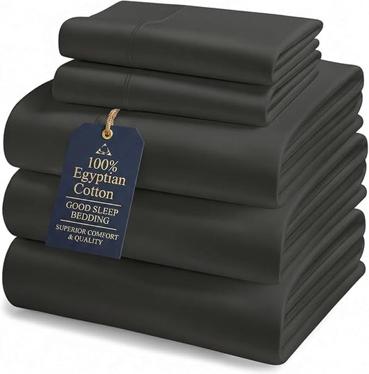 Good Sleep Bedding Split King Sheet Set for Adjustable Bed, 5 Piece, 100% Egyptian Cotton King Split Sheets for Adjustable Bed, Sateen Weave, 16" Deep Pocket Sheet Set - Black
