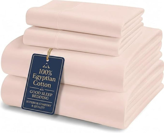 Good Sleep Bedding Full Size Sheet Sets, 4 Piece, 100% Egyptian Cotton Full Sheets, Silky Sateen Weave, Ultra-Soft Hotel Sheets, 16" Deep Pocket Full Bed Sheets Set - Blush