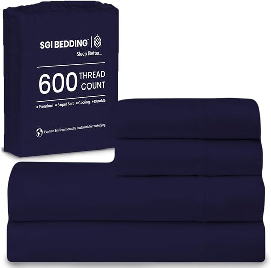 SGI bedding 100% Egyptian Cotton Sheets RV King Size – 600 Thread Count Sheets Set, Soft, Cooling, 15" Deep Pocket, Luxury Hotel Bedding, Breathable, Durable - Navy Blue