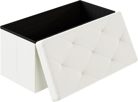 Sweetcrispy 30 Inches Folding Ottoman with Storage Bench, Foot Rest Stool, End of Bed Storage Bench Upholstered, Load 660 lbs, for Living Room, Synthetic Leather, Beige
