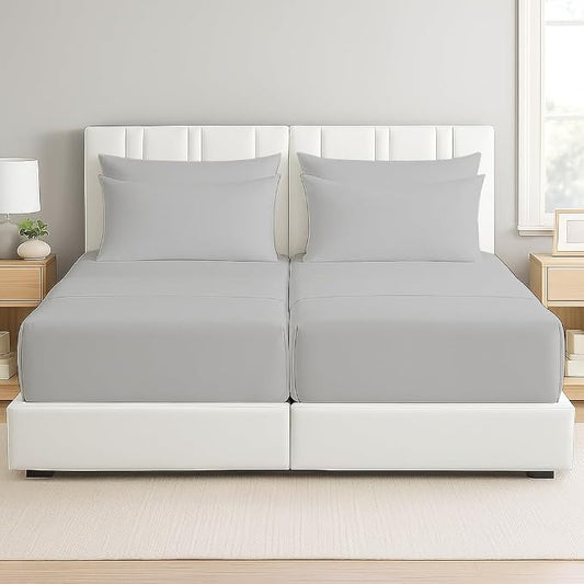 7 Piece Split King Sheet Set, 100% Egyptian Cotton, 16 Inch Deep Pockets, Light Grey Solid, Soft and Durable Sheets for Adjustable Beds, Sleep Number Beds, Split King Sheets