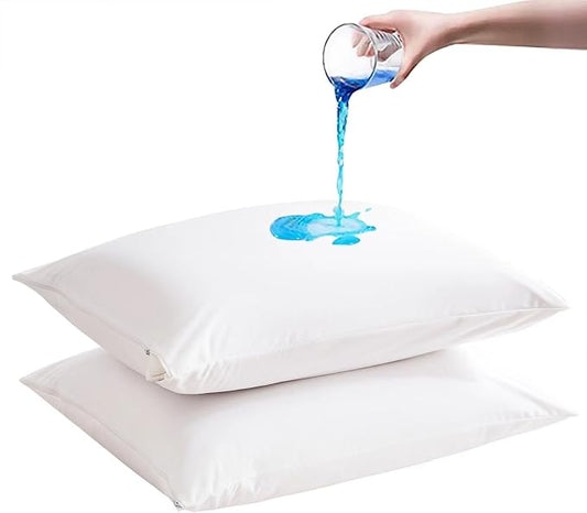 2 Pack Waterproof Pillow Protectors with Zipper Queen Size Zippered Pillow Case Protectors Hypoallergenic Bed Pillow Covers Encasement Smooth Downproof Feather Proof Machine Washable