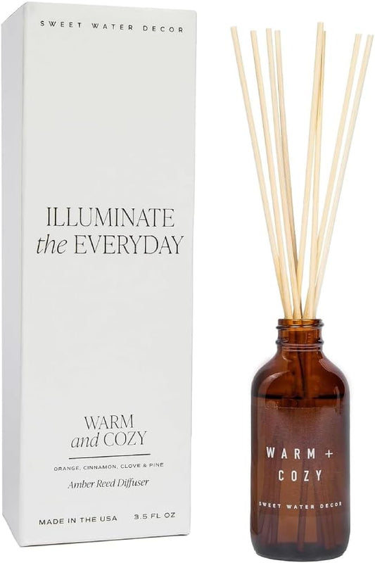 Sweet Water Decor Warm and Cozy Reed Diffuser Set - Fall and Winter Reed Diffuser Set for Home - Orange, Cinnamon, Ginger, Clove Scented Room Fragrance - Lasts 4+ Months, Made in the USA