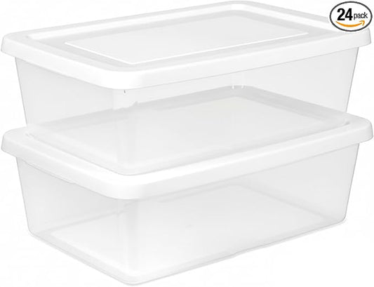Sterilite 24 Pack Storage Box, 12 Quart Stackable Tote, Clear Plastic Container with Secure Snapping Lids for Home and Office Organization, White