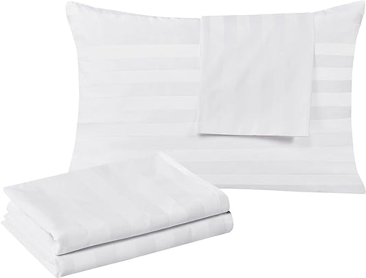 100% Egyptian Cotton Standard Pillow Protectors Set of 2, 400 Thread Count Sateen Weave Cooling Pillowcase, Easy Care Zippered Style Pillow Covers (Stripe-White, Standard)