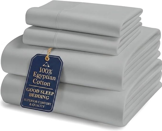 Good Sleep Bedding 100% Egyptian Cotton King Size Bed Sheets, 4 Piece Silky Sateen Weave King Sheets, Ultra-Soft & Durable Hotel Luxury, 16 Inch Deep Pocket King Sheet Set - Light Gray