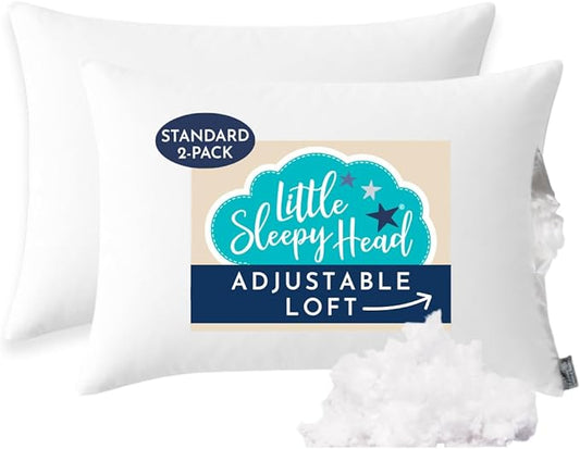 Little Sleepy Head Standard Pillow for Sleeping, Adjustable Loft Bed Pillow with Hypoallergenic Down-Like Fill, Hotel Quality Comfort, Soft or Firm Support - Standard Size Pillow 2 Pack, 20x26