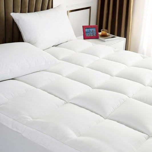 King Mattress Topper - Extra Thick Mattress Pad Cover - Pillow Top with Soft Breathable Spiral Fiber Filling, 8-21 Inch Deep Pocket, Cooling, White