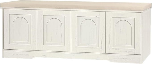 DINZI LVJ Shoe Bench, Entryway Storage Bench with Doors, Cushion, 2-Tier Shoe Rack with 8-Cubby, 47.2”L x 13.8”W Farmhouse Shoe Organizer Cabinet, Adjustable Shelf, Living Room, Bedroom, Rustic White