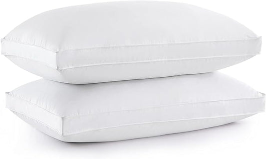 puredown Goose Down Feather Pillows with 100% Cotton Cover, Soft Gusseted Bed Hotel Collection Pillows for Sleeping, Set of 2, Queen Size