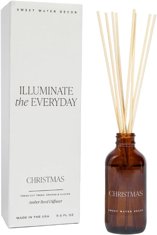 Sweet Water Decor Christmas Reed Diffuser Set - Christmas Scented Reed Diffuser w/Fresh Cut Trees and Orange Scent - Reed Diffusers for Home with Long Lasting Fragrance - Non-Toxic Oil Reed Diffuser