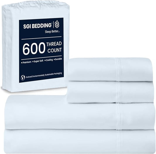 SGI bedding 100% Egyptian Cotton Sheets Queen Size – 600 Thread Count Sheets Set, Soft, Cooling, 15" Deep Pocket, Luxury Hotel Bedding, Breathable, Durable - Light Blue