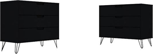 Manhattan Comfort Rockefeller 3-Drawer Dresser Set of 2, Entryway Wood Storage Cabinet, 32 Inch TV Stand Console Table, Anti Tip Kit Included for Bedroom, Nursery, Dorm, Living Room in Black