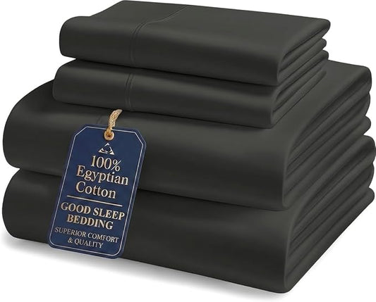 Good Sleep Bedding Full Size Bed Sheets, 4 Piece, 100% Egyptian Cotton Sheets Full Size Bed, Silky Sateen Weave, Ultra-Soft & Durable Hotel Sheets, 16" Deep Pocket Full Size Sheets Set - Black