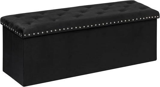 PINPLUS Black Storage Ottoman Bench for Bedroom, Folding Velvet Chest with Benches Foot Rest Stool, Large Long Shoes Chest for Bedroom, Living Room, 43.3"x15.7"x15.7"