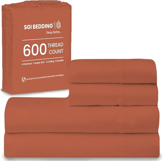 SGI bedding 100% Egyptian Cotton Sheets Full Size – 600 Thread Count Sheets Set, Soft, Cooling, 15" Deep Pocket, Luxury Hotel Bedding, Breathable, Durable - Terracotta