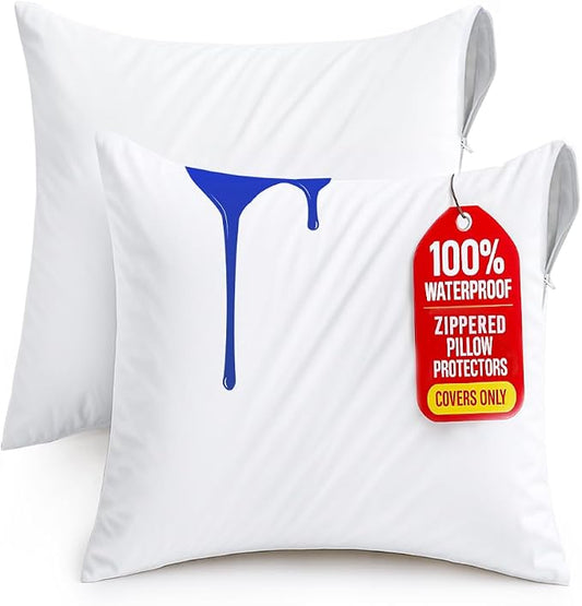 Utopia Bedding 2 Pack Waterproof Throw Pillow Protectors with Zipper 26 x 26 Inches (White), Bed Bug Proof Pillow Case Covers, Moisture Wicking Pillow Encasements