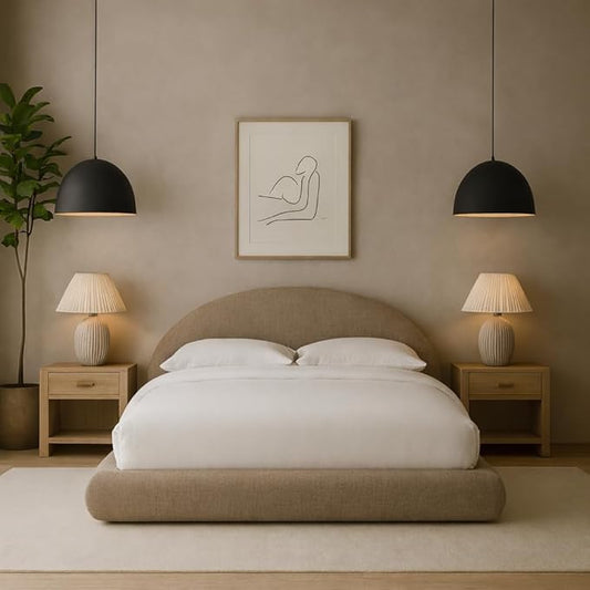 Round Bed – Washable Zip Cover - Upholstered Linen Soft Foam - Modular Minimalist Modern - Half Circle Moon - Sold Sold Separately (Taupe Linen Premium, King Headboard)
