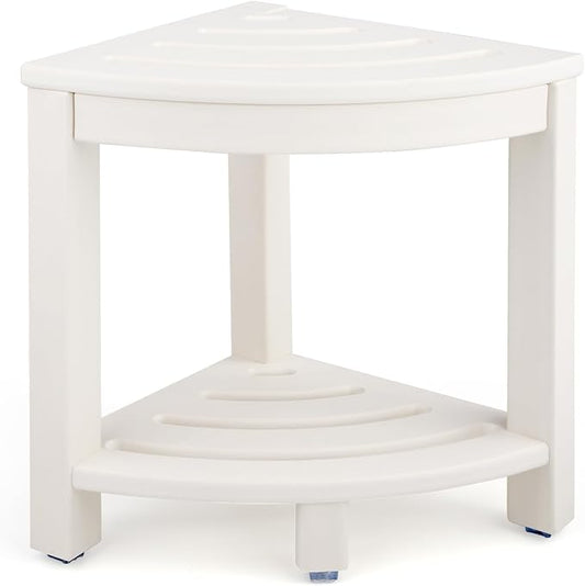Apolimi HDPE Corner Shower Stool,Shower Bench Seat with Storage Shelf for Shaving Legs Plastic Spa Bath Step Foot Rest for Bathroom Small Place (White)