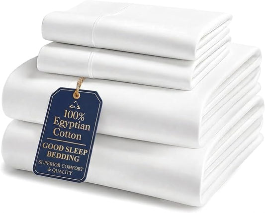 Good Sleep Bedding Twin XL Sheets - 100% Egyptian Cotton Bed Sheets, 4 Piece Twin XL Sheet Sets, Sateen Weave, Twin XL Sheets College Dorm Fits Upto 16"- White Twin XL