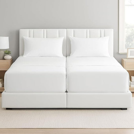 5 Piece Split Queen Sheet Set, 100% Egyptian Cotton, 16 Inch Deep Pockets, White Solid, Soft Cooling Sheets for Adjustable Beds, Sleep Number Beds, Split Queen Mattress Sheet Set