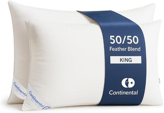 Continental Bedding 50/50 Down Feather Pillow, Fluffy Hotel Quality Side Sleeper Support, Breathable 300TC Cotton, RDS and Oeko TEX Certified